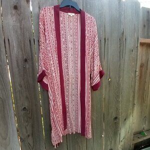 ENTRO KIMONO COVER UP WOMENS OVERSIZE S RED OPEN TIE WAIST GEOMETRIC PRINT